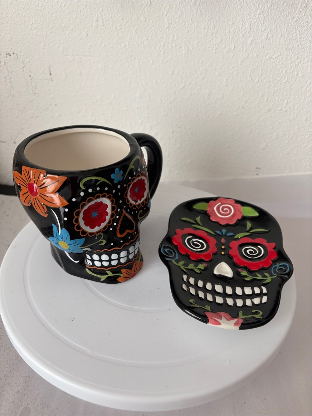 Black Floral Sugar Skull Ceramic Mug / plate
